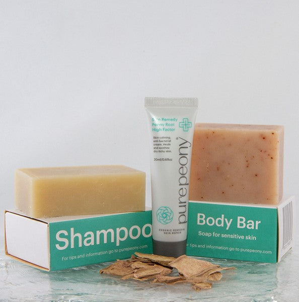 starter pack for eczema rosacea and psoriasis with shampoo bar and soap and 20ml sugarcane tube of peony skincare eczema cream
