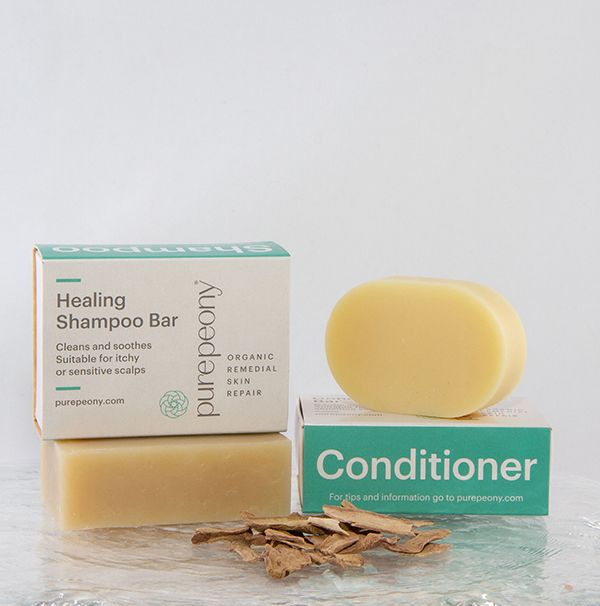 Shampoo and Hair conditioner bars - Pure Peony. Perfect for scalp psoriasis, dandruff, itchy scalp and skin. Natural handcrafted bars made in NZ. Organic peony root, all natural, in ecofriendly boxes