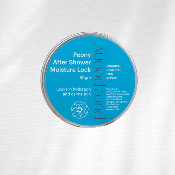 Peony After Shower Moisture Lock in a 80gm recyclable tin, locks in hydration for 12 hours