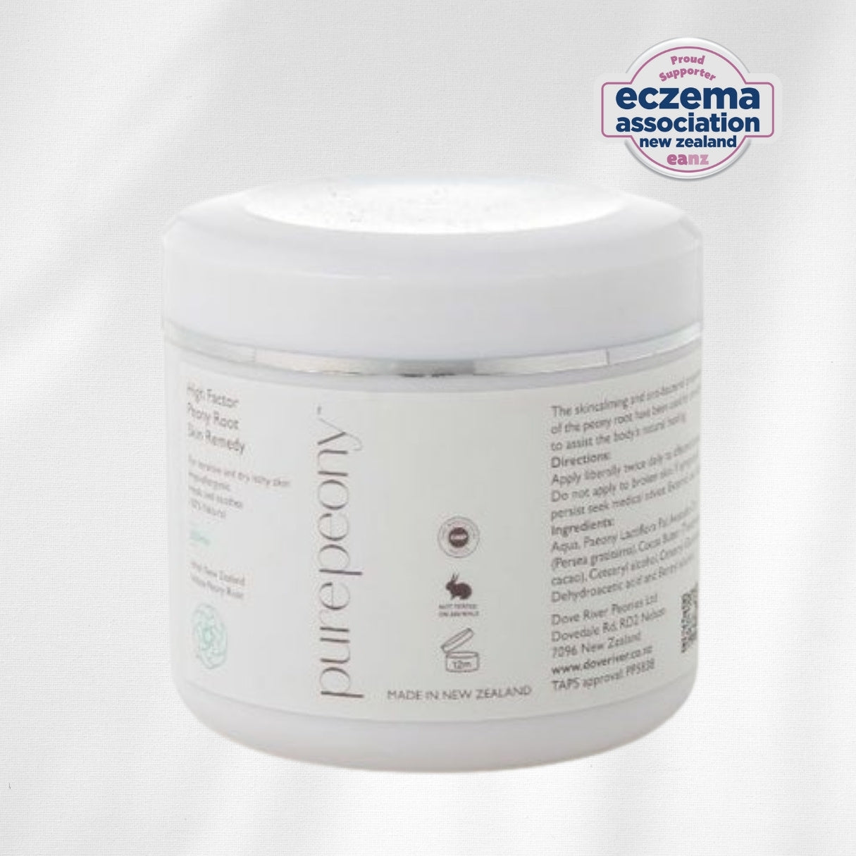 tub of natural pure eczema cream with Eczema Association New Zealand logo on a white background