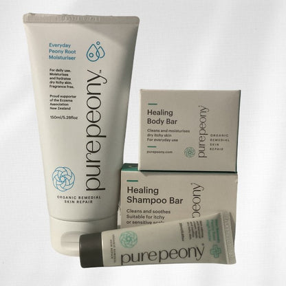 150ml intense moisturiser in sugarcane tube 20ml healing high factor peony root eczema cream in sugarcane tube with boxed healing body bar and shampoo bar for dry itchy skin