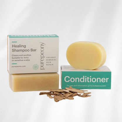 Two natural bars with packaging labeled 'Healing Shampoo Bar' and 'Conditioner' on a white background. Great for psoriasis and dandruff