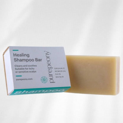 Healing Shampoo Bar by purepeony with packaging on a white background