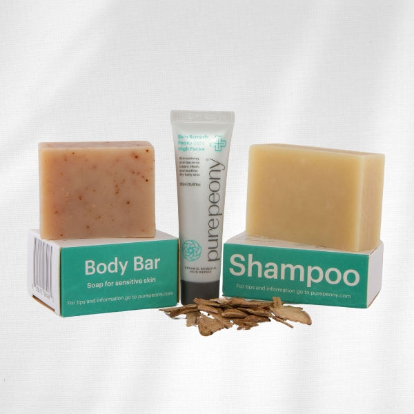 Starter Pack of Body bar, shampoo, and a tube of purepeony product for dry itchy skin