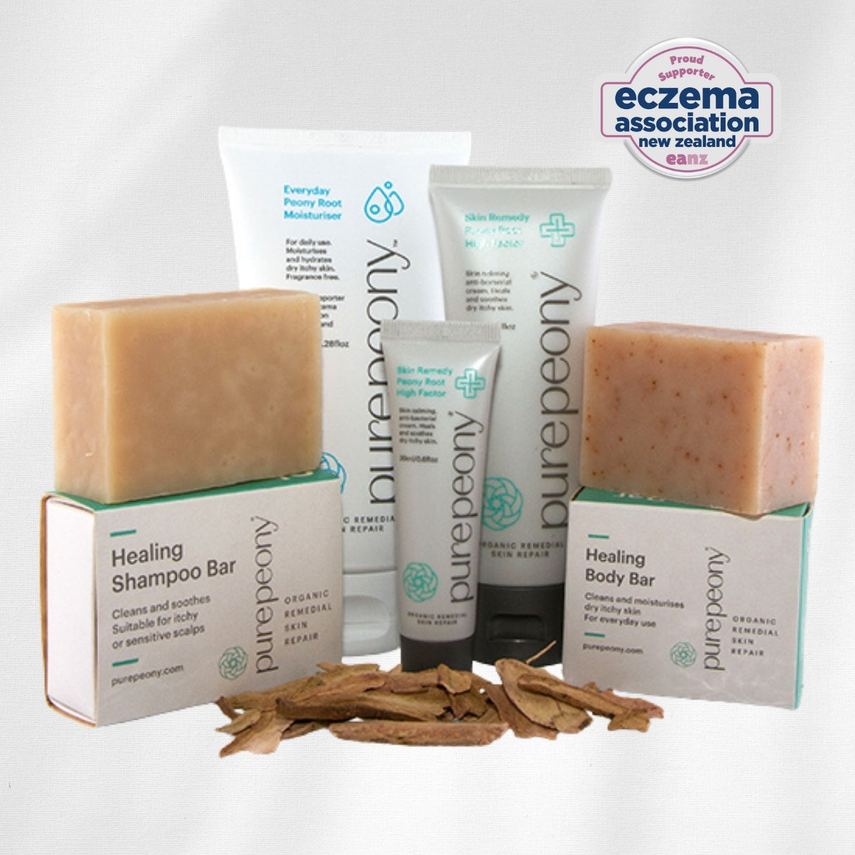 Collection of five top purepeony skincare products with a focus on eczema support.