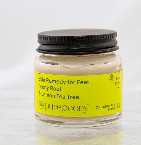 heal cracked feet, fungal or bacterial with Pure Peony Skin Remedy for Feet in a glass pot. Peony and Lemon Tea Tree skin remedy cream
