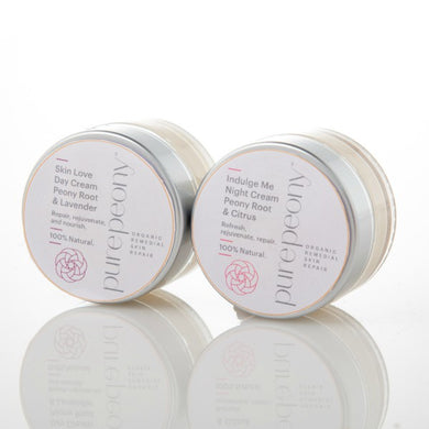 Pure Peony Day and Night cream pack in glass pots.  Revitalise face and body naturally