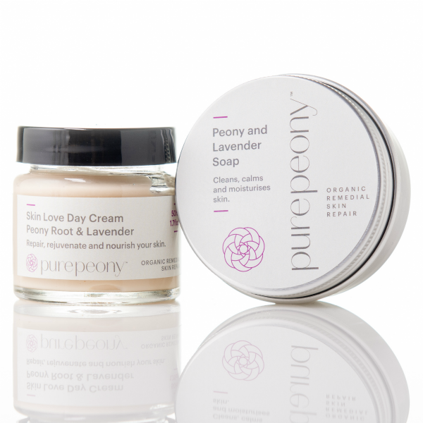 peony skin love day cream in jar with peony and lavender soap in tin
