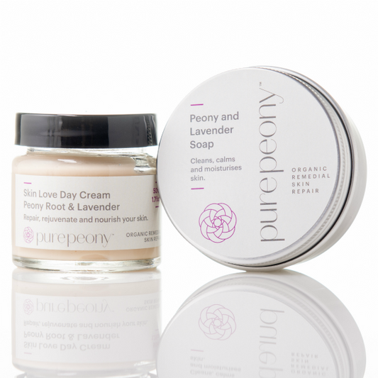 peony skin love day cream in jar with peony and lavender soap in tin