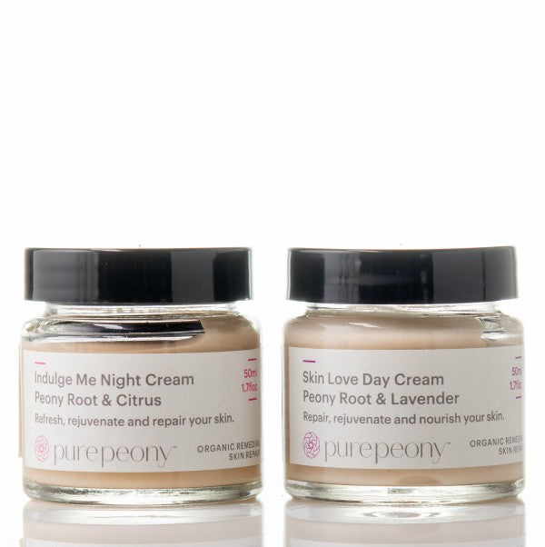 Pure Peony natural Day and Night cream to rejuvenate skin in glass jars