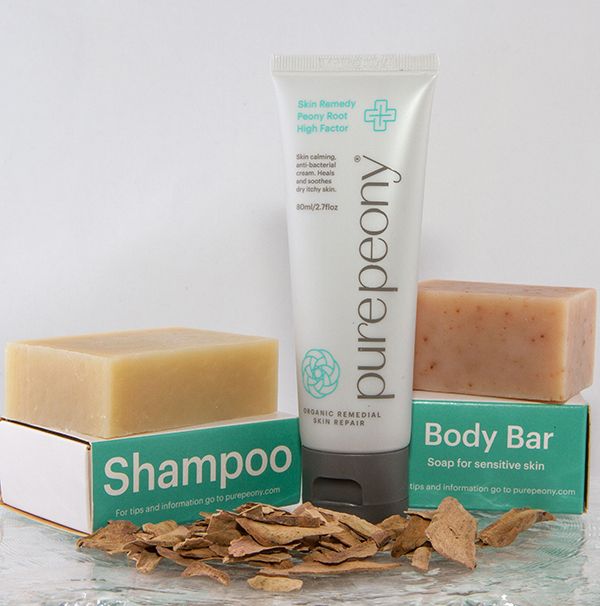 best natural treatment for psoriasis Pure Peony High Factor Skin Remedy in a sugarcane tube and a shampoo bar for scalp and body bar for face and body