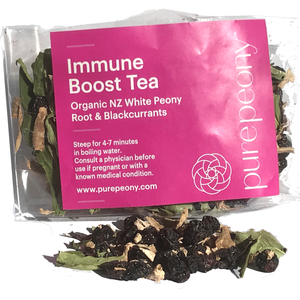 peony tea with blackcurrent Pure Peony immune boost tea in a biodegradable compostable bag