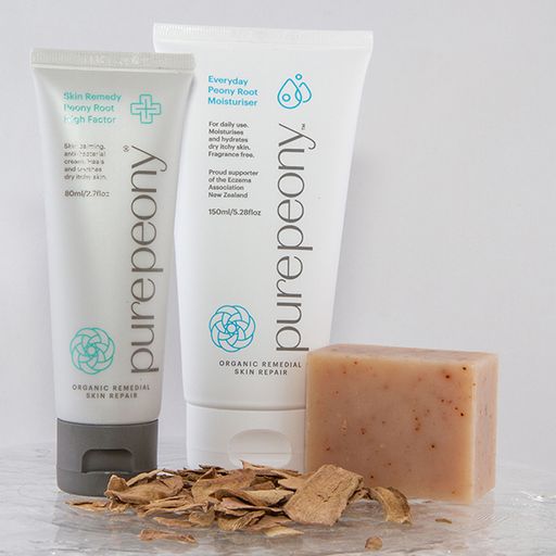 Pure Peony High Factor Skin Remedy and Peony Root Moisturiser in sugarcane tubes and a Healing Body bar for eczema, psoriasis. natural, soothes and helps heal skin.